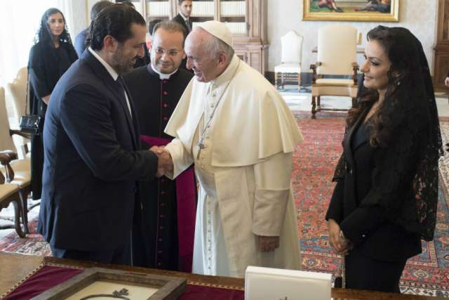 Pope francis meets with lebanese prime minister saad hariri and his wife lara bashir al azem at the vatican oct 13 2017 credit lor cna