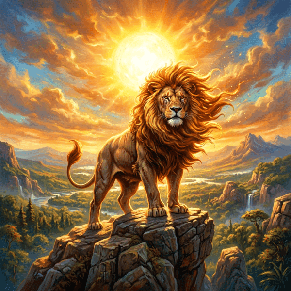 Lion standing on rocky cliff with glowing sun and vast landscape