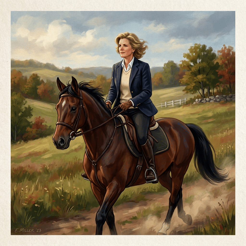 Kerry kennedyt was an avid horsewoman as a youth. This fictionalized portrait depicts that happy time.