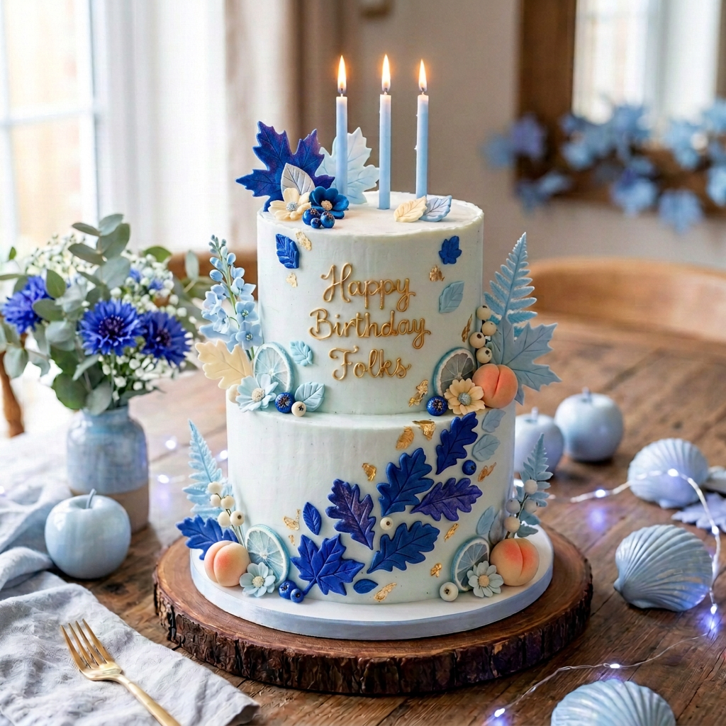 Two-tier autumn birthday cake reading “happy 24th birthday sarah! ” with three lit candles