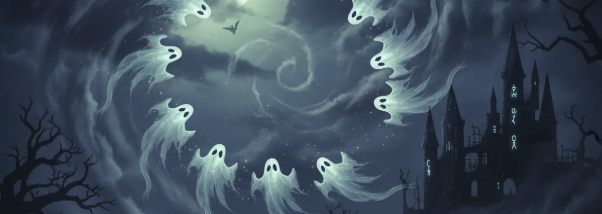 A dark, atmospheric Halloween image with translucent ghosts flying through a moonlit night sky, swirling mist, shadowy clouds, eerie silhouettes, and subtle supernatural details. Spooky and cinematic, suitable for an October birthday post, with no text, numbers, or lettering.