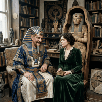 Couple seated with a book in a study filled with egyptian artifacts